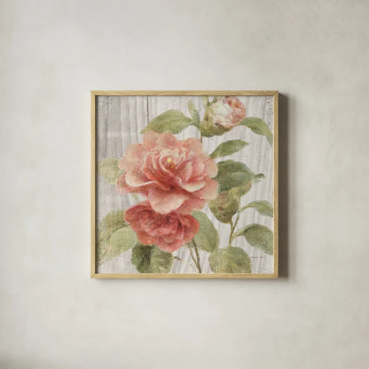 Scented Cottage Florals III Crop by Danhui Nai. Shown in a natural wood glass frame for a timeless modern aesthetic. Available as an archival giclee rolled canvas, fine art paper, or poster print. SKU 32065a.