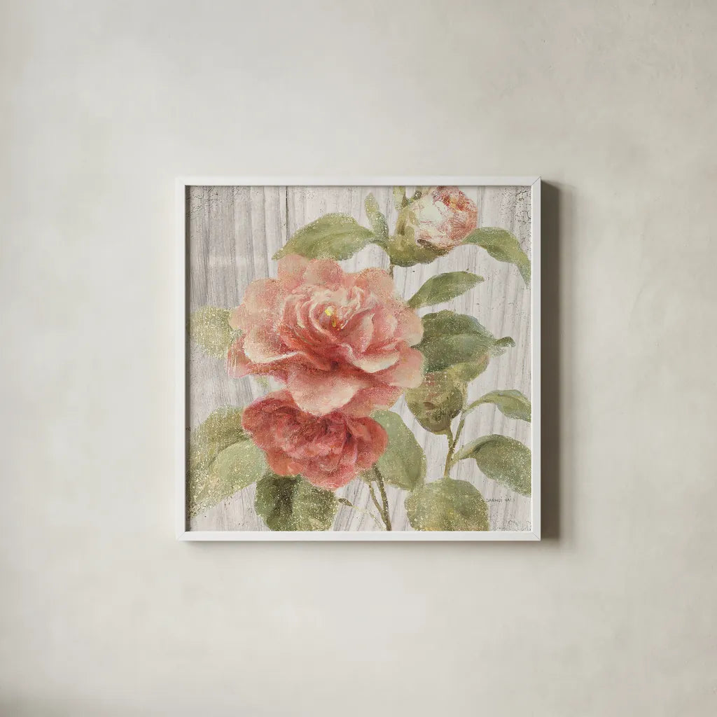 Scented Cottage Florals III Crop by Danhui Nai. Shown in a crisp white glass frame for a clean and minimalist style. Available as an archival giclee rolled canvas, fine art paper, or poster print. SKU 32065a.