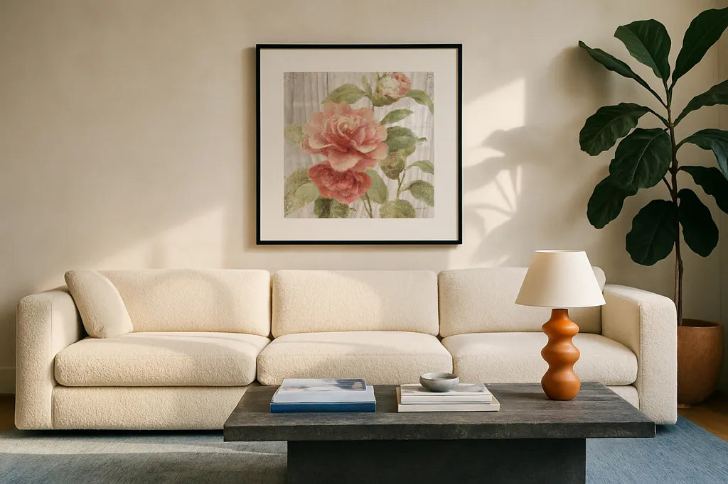 Scented Cottage Florals III Crop by Danhui Nai. Displayed in a glass frame with matte in a clean modern living room. Available as an archival giclee rolled canvas, fine art paper, or poster print. SKU 32065a.