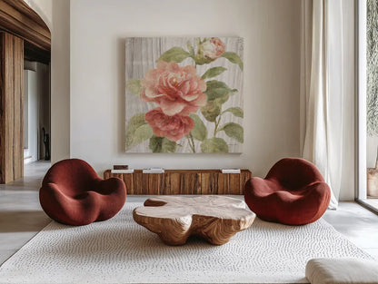 Scented Cottage Florals III Crop by Danhui Nai. Shown as extra-large giant wall art in a modern living room. Available as an archival giclee rolled canvas, fine art paper, or poster print. SKU 32065a.