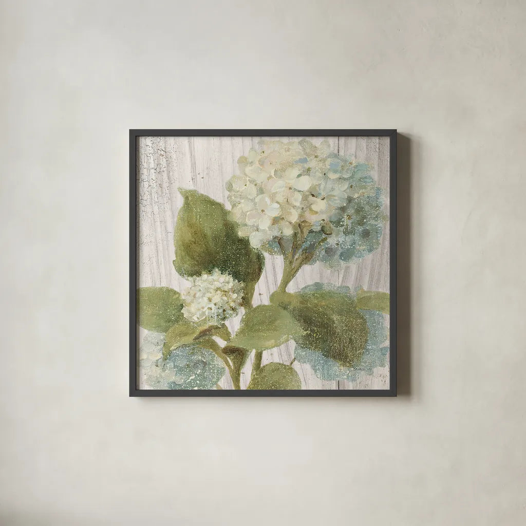 Scented Cottage Florals IV Crop by Danhui Nai. Shown in a sleek black glass frame for a contemporary gallery look. Available as an archival giclee rolled canvas, fine art paper, or poster print. SKU 32066a.