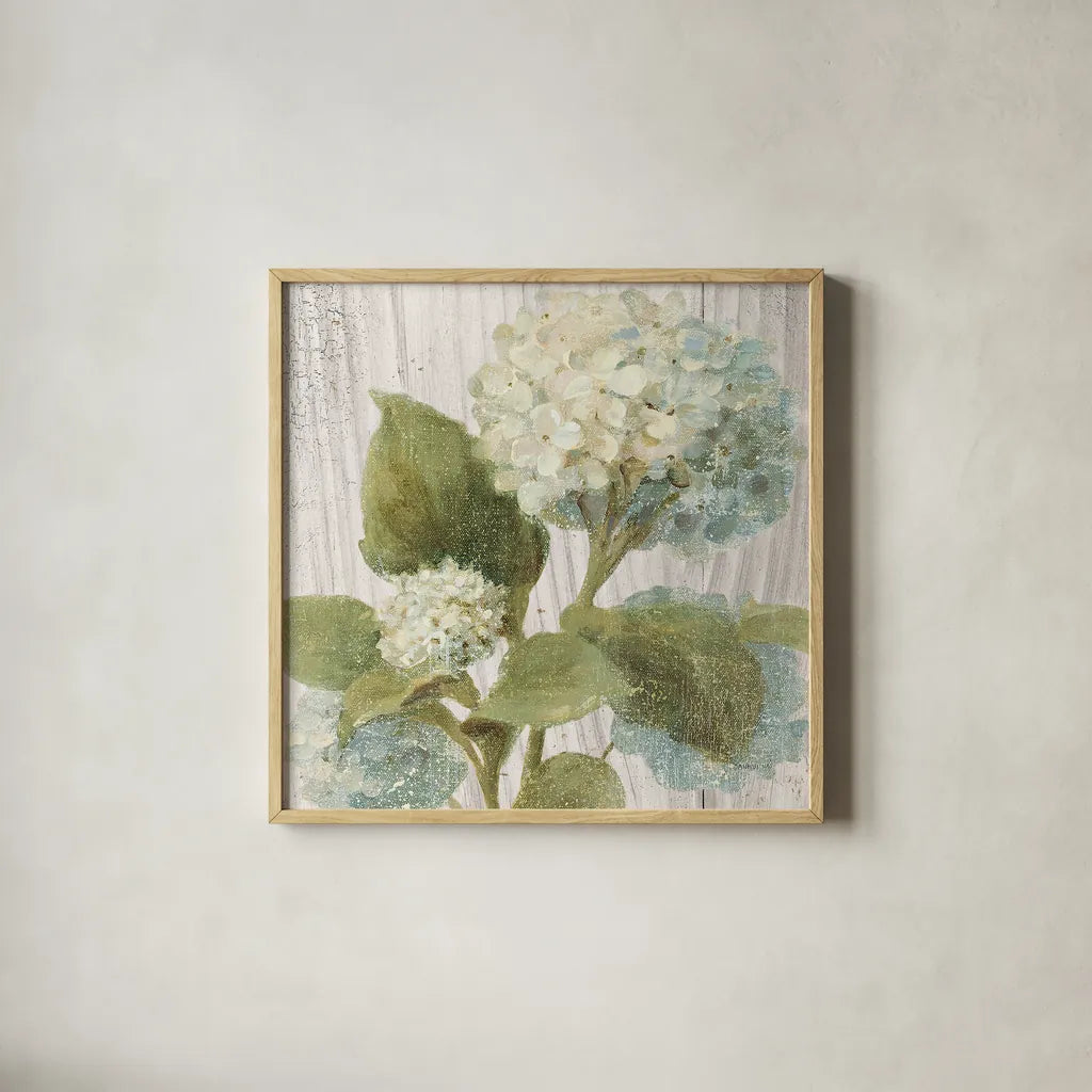 Scented Cottage Florals IV Crop by Danhui Nai. Shown in a natural wood glass frame for a timeless modern aesthetic. Available as an archival giclee rolled canvas, fine art paper, or poster print. SKU 32066a.