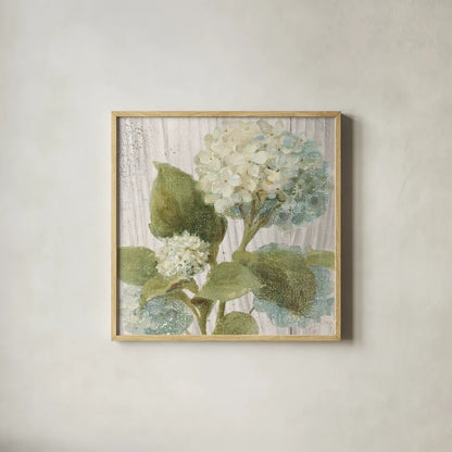 Scented Cottage Florals IV Crop by Danhui Nai. Shown in a natural wood glass frame for a timeless modern aesthetic. Available as an archival giclee rolled canvas, fine art paper, or poster print. SKU 32066a.