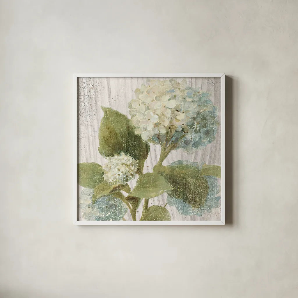 Scented Cottage Florals IV Crop by Danhui Nai. Shown in a crisp white glass frame for a clean and minimalist style. Available as an archival giclee rolled canvas, fine art paper, or poster print. SKU 32066a.