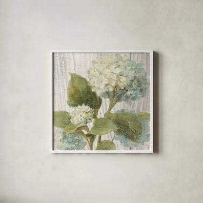 Scented Cottage Florals IV Crop by Danhui Nai. Shown in a crisp white glass frame for a clean and minimalist style. Available as an archival giclee rolled canvas, fine art paper, or poster print. SKU 32066a.
