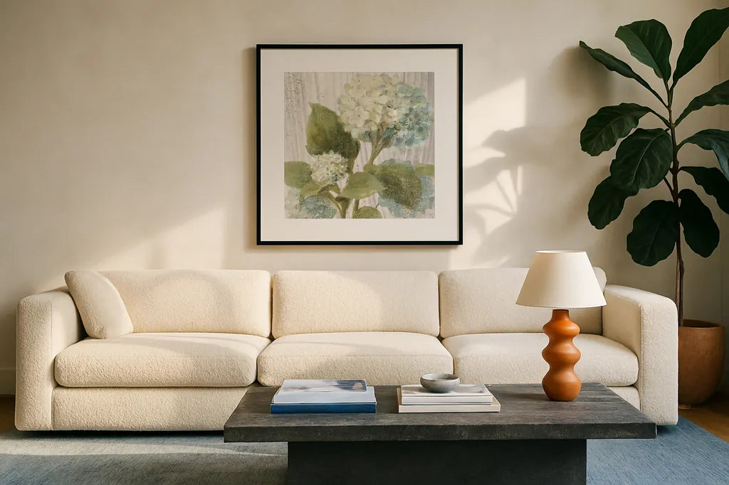 Scented Cottage Florals IV Crop by Danhui Nai. Displayed in a glass frame with matte in a clean modern living room. Available as an archival giclee rolled canvas, fine art paper, or poster print. SKU 32066a.