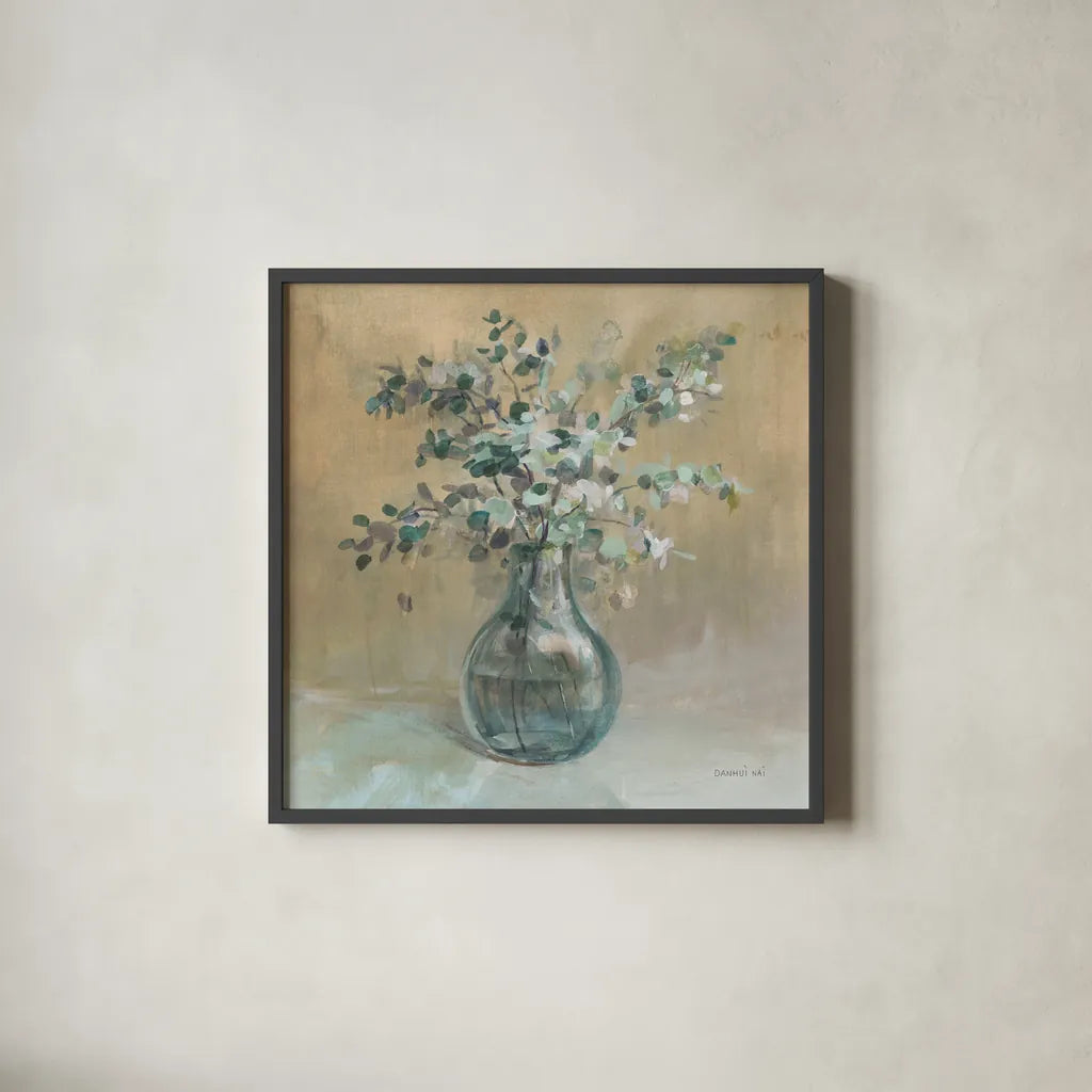 Scented Cutting Neutral Sq by Danhui Nai. Shown in a sleek black glass frame for a contemporary gallery look. Available as an archival giclee rolled canvas, fine art paper, or poster print. SKU 83581a.