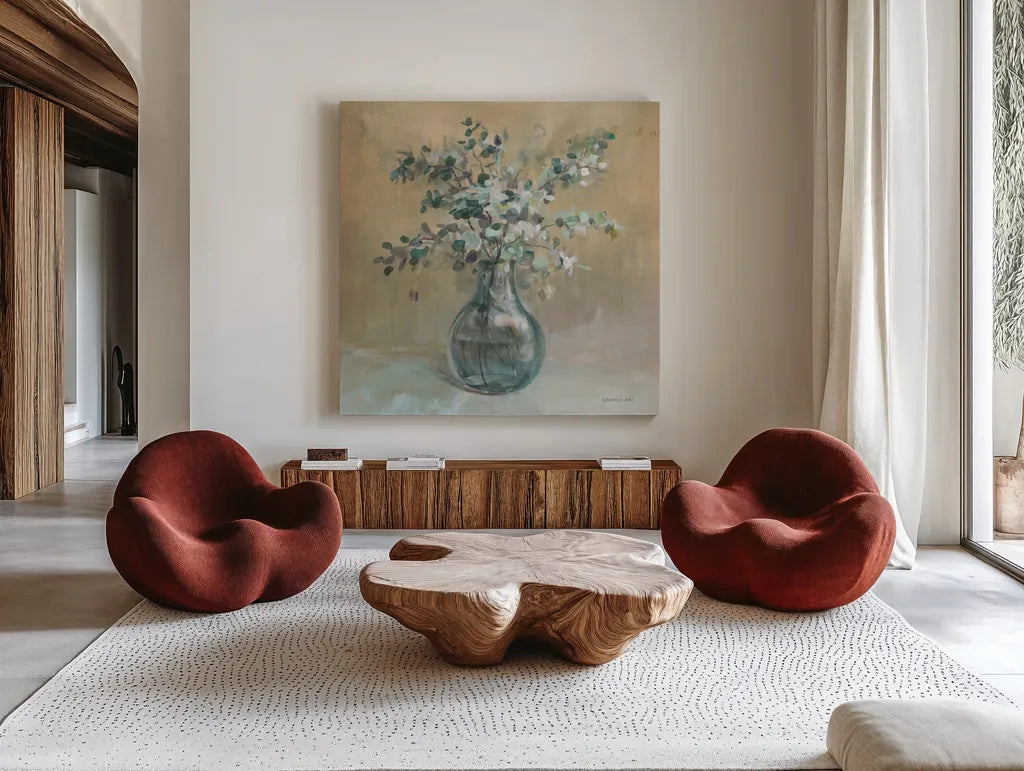 Scented Cutting Neutral Sq by Danhui Nai. Shown as extra-large giant wall art in a modern living room. Available as an archival giclee rolled canvas, fine art paper, or poster print. SKU 83581a.