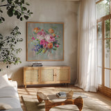 Scents of Summer I by Danhui Nai. Shown in a natural wood frame in a cozy modern living room. Available as an archival giclee rolled canvas, fine art paper, or poster print. SKU 84451a.