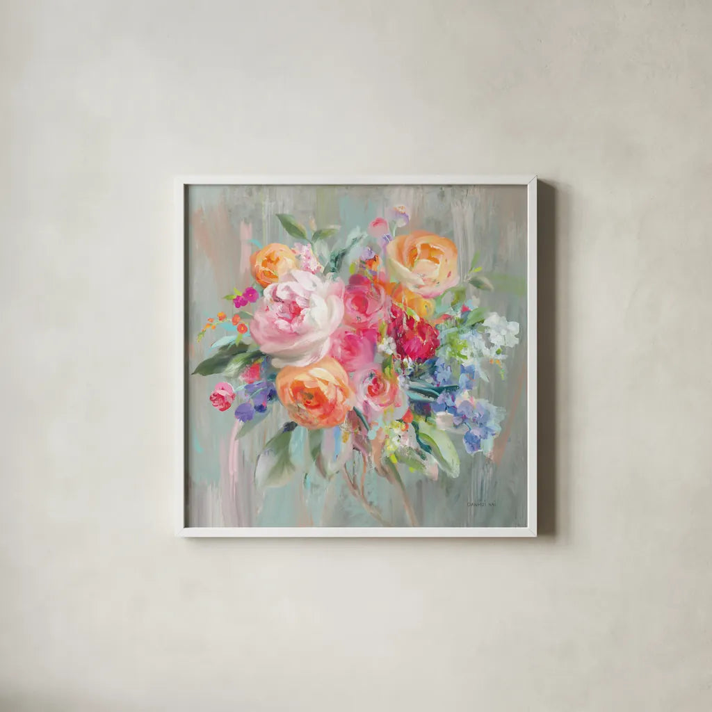 Scents of Summer II by Danhui Nai. Shown in a crisp white glass frame for a clean and minimalist style. Available as an archival giclee rolled canvas, fine art paper, or poster print. SKU 84452a.
