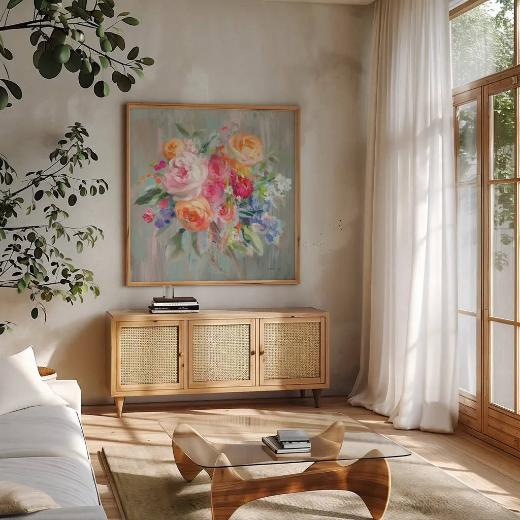 Scents of Summer II by Danhui Nai. Shown in a natural wood frame in a cozy modern living room. Available as an archival giclee rolled canvas, fine art paper, or poster print. SKU 84452a.