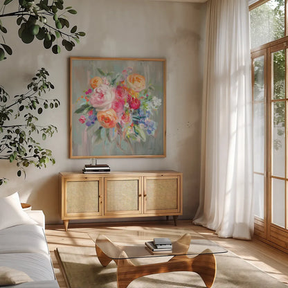 Scents of Summer II by Danhui Nai. Shown in a natural wood frame in a cozy modern living room. Available as an archival giclee rolled canvas, fine art paper, or poster print. SKU 84452a.