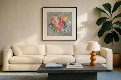 Scents of Summer II by Danhui Nai. Displayed in a glass frame with matte in a clean modern living room. Available as an archival giclee rolled canvas, fine art paper, or poster print. SKU 84452a.