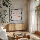 Sea Doodles I by Danhui Nai. Shown in a natural wood frame in a cozy modern living room. Available as an archival giclee rolled canvas, fine art paper, or poster print. SKU 102627a.