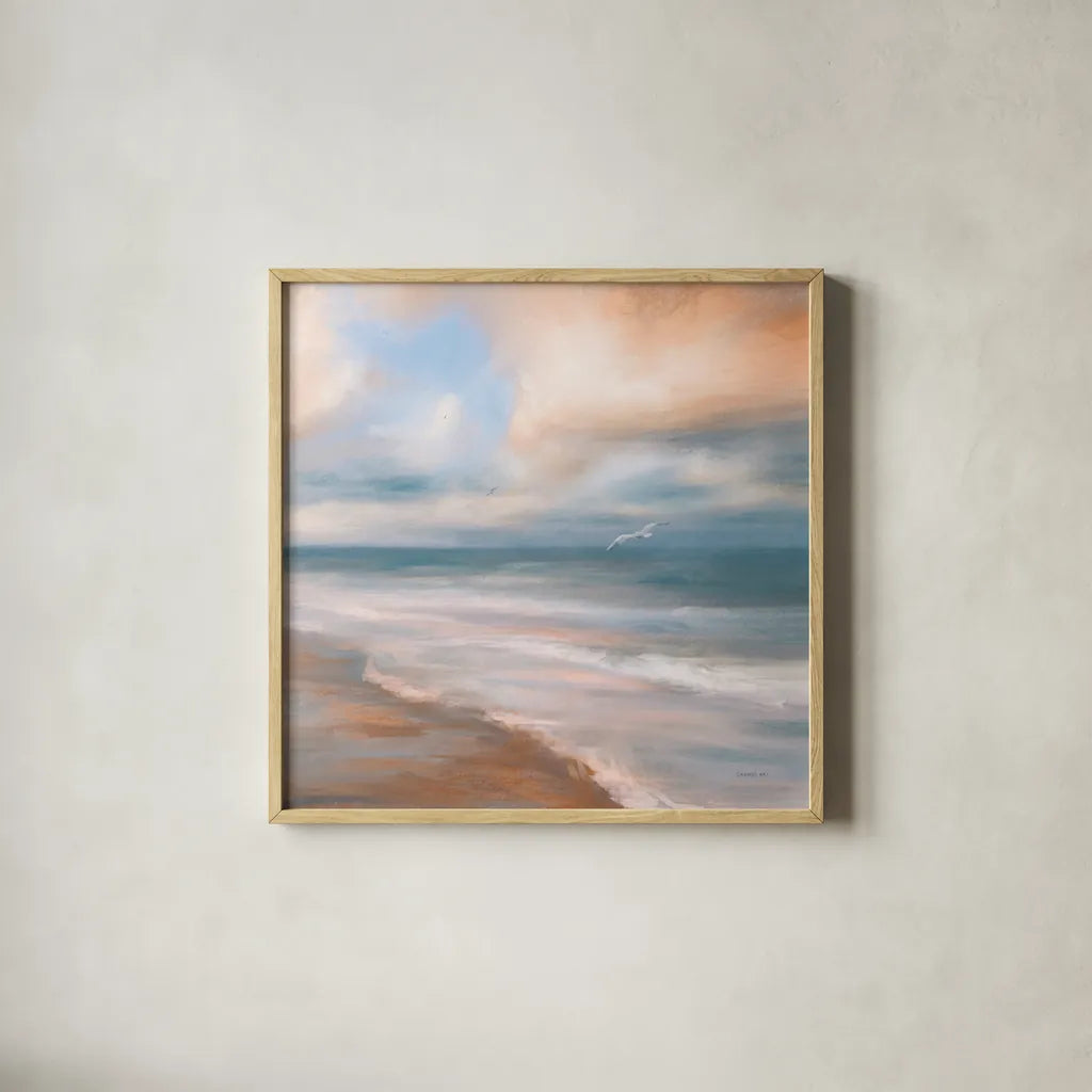 Sea Flight by Danhui Nai. Shown in a natural wood glass frame for a timeless modern aesthetic. Available as an archival giclee rolled canvas, fine art paper, or poster print. SKU 81359a.