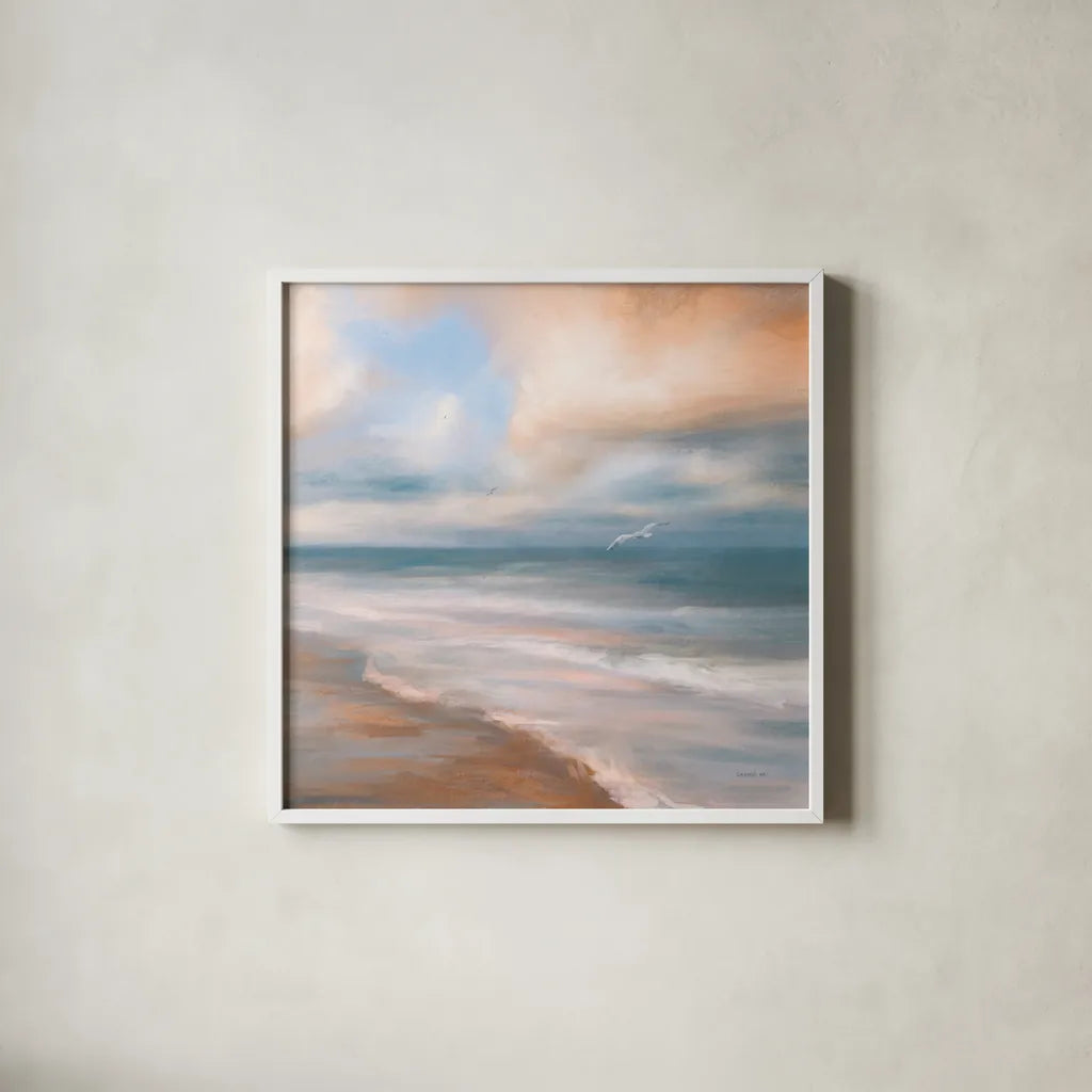 Sea Flight by Danhui Nai. Shown in a crisp white glass frame for a clean and minimalist style. Available as an archival giclee rolled canvas, fine art paper, or poster print. SKU 81359a.