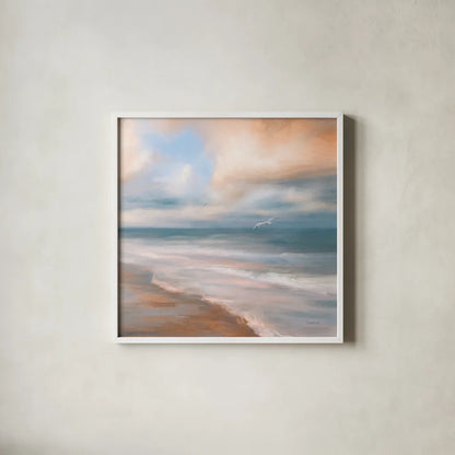 Sea Flight by Danhui Nai. Shown in a crisp white glass frame for a clean and minimalist style. Available as an archival giclee rolled canvas, fine art paper, or poster print. SKU 81359a.