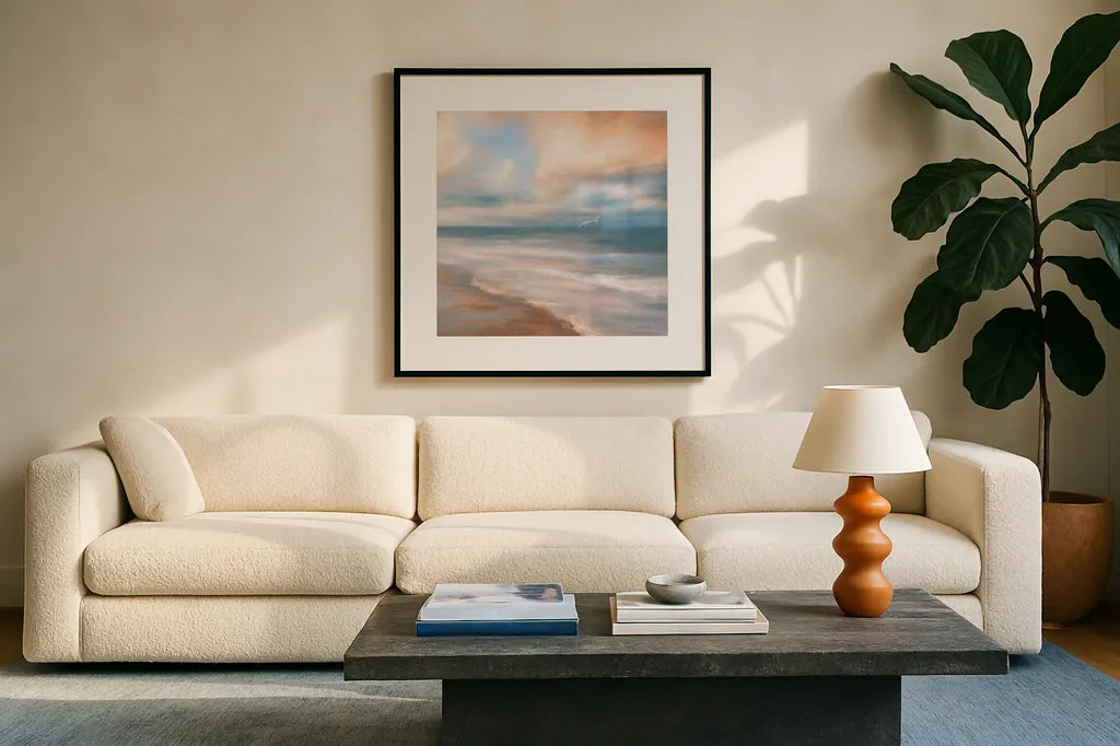 Sea Flight by Danhui Nai. Displayed in a glass frame with matte in a clean modern living room. Available as an archival giclee rolled canvas, fine art paper, or poster print. SKU 81359a.