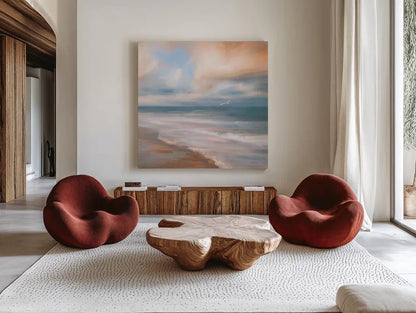 Sea Flight by Danhui Nai. Shown as extra-large giant wall art in a modern living room. Available as an archival giclee rolled canvas, fine art paper, or poster print. SKU 81359a.