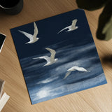 Seagulls Over the Blue Sea by Danhui Nai. Shown as a detailed flat fine art print, highlighting archival giclee quality. Available as an archival giclee rolled canvas, fine art paper, or poster print. SKU 102555a.