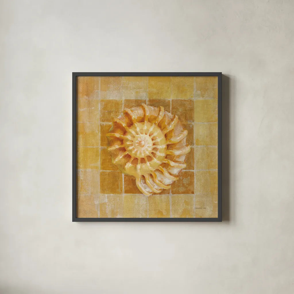 Seashell I by Danhui Nai. Shown in a sleek black glass frame for a contemporary gallery look. Available as an archival giclee rolled canvas, fine art paper, or poster print. SKU 5423a.