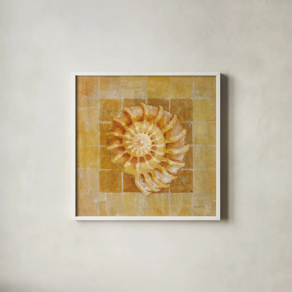 Seashell I by Danhui Nai. Shown in a crisp white glass frame for a clean and minimalist style. Available as an archival giclee rolled canvas, fine art paper, or poster print. SKU 5423a.