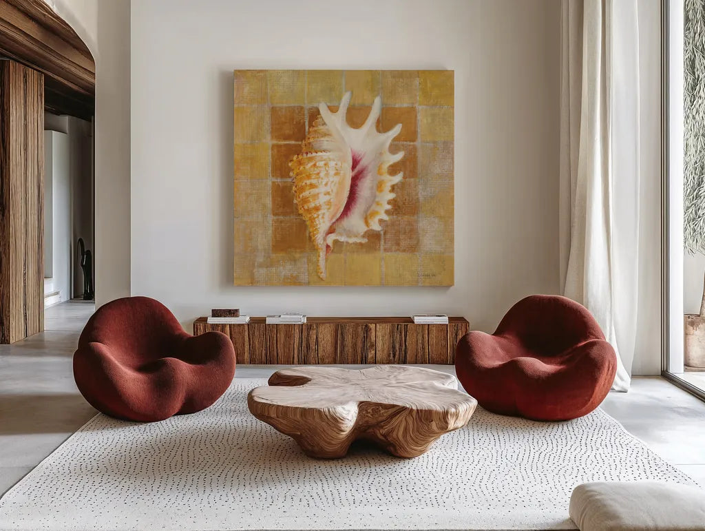 Seashell II by Danhui Nai. Shown as extra-large giant wall art in a modern living room. Available as an archival giclee rolled canvas, fine art paper, or poster print. SKU 5424a.