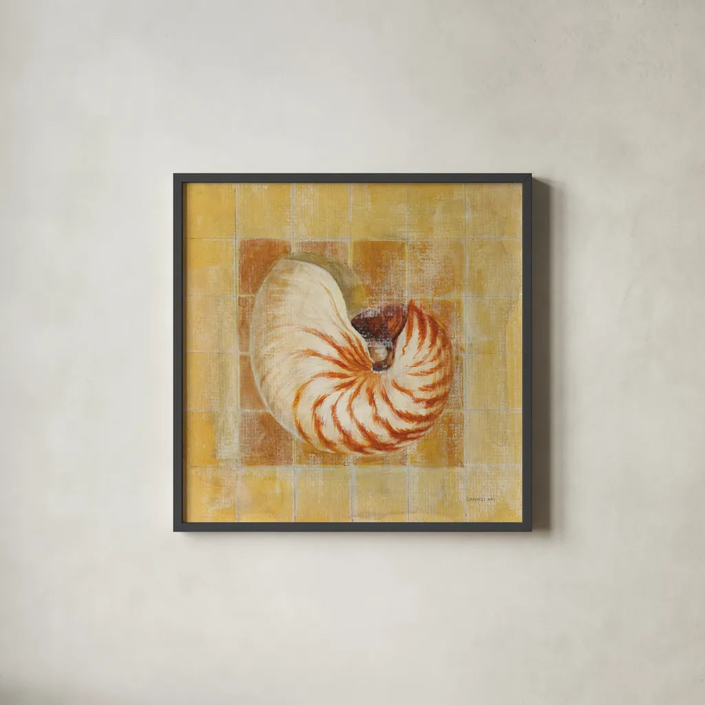 Seashell III by Danhui Nai. Shown in a sleek black glass frame for a contemporary gallery look. Available as an archival giclee rolled canvas, fine art paper, or poster print. SKU 5425a.