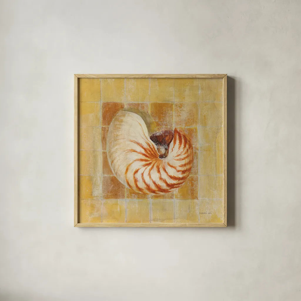 Seashell III by Danhui Nai. Shown in a natural wood glass frame for a timeless modern aesthetic. Available as an archival giclee rolled canvas, fine art paper, or poster print. SKU 5425a.