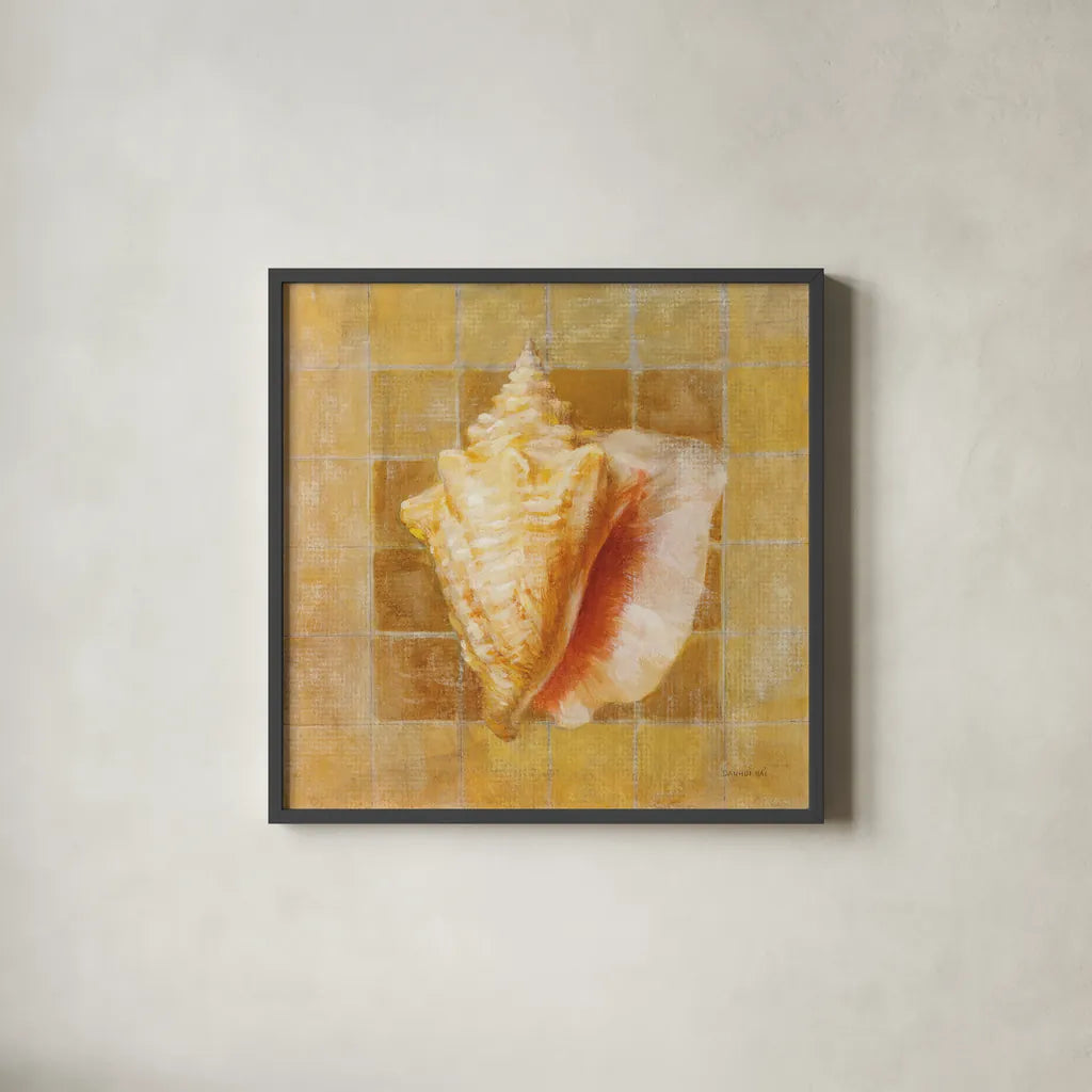Seashell IV by Danhui Nai. Shown in a sleek black glass frame for a contemporary gallery look. Available as an archival giclee rolled canvas, fine art paper, or poster print. SKU 5426a.