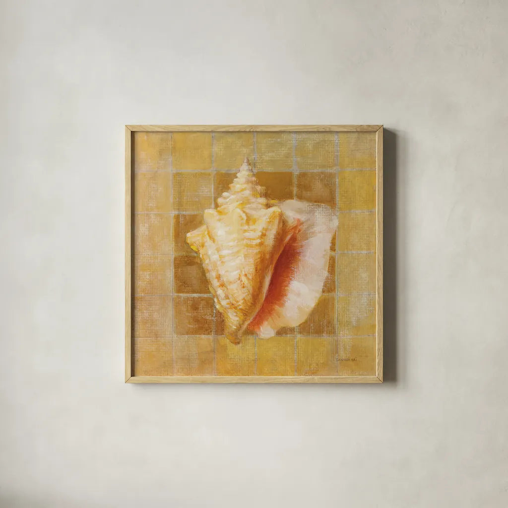 Seashell IV by Danhui Nai. Shown in a natural wood glass frame for a timeless modern aesthetic. Available as an archival giclee rolled canvas, fine art paper, or poster print. SKU 5426a.