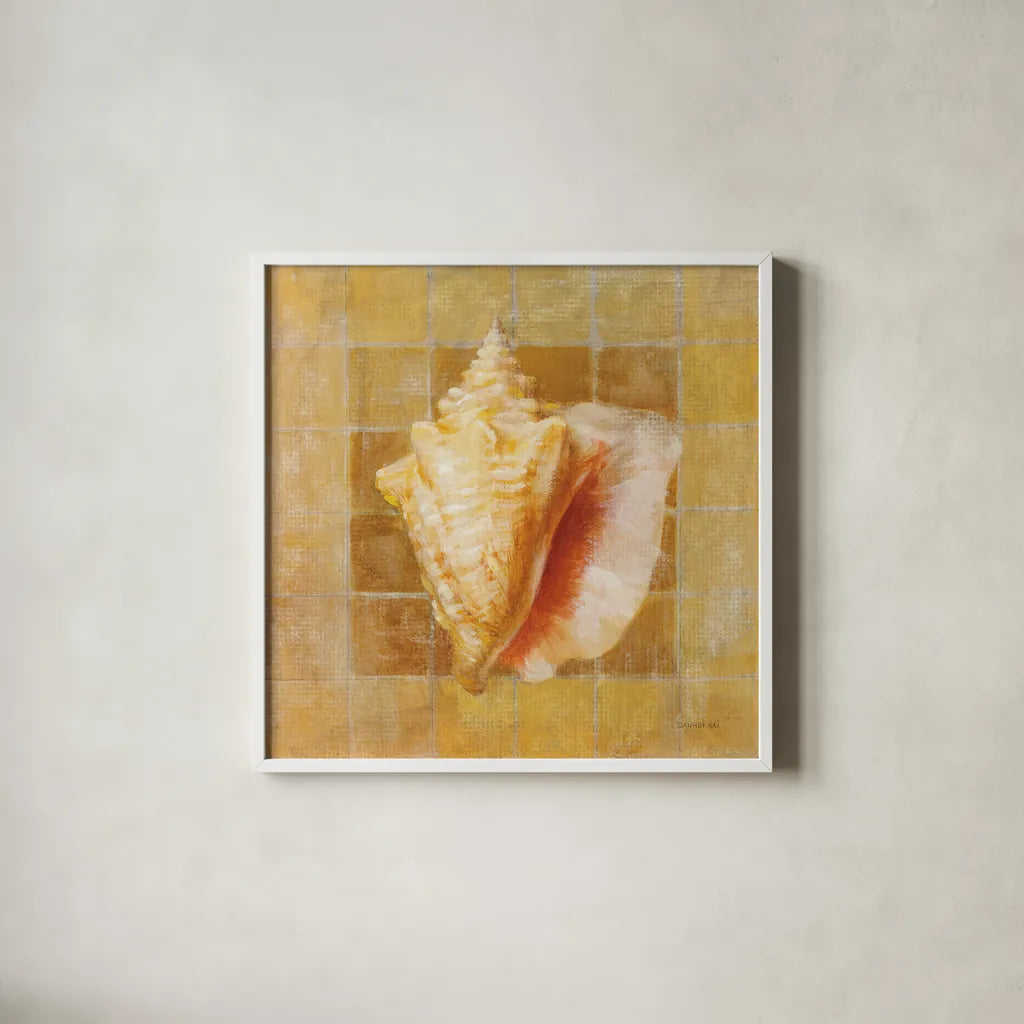 Seashell IV by Danhui Nai. Shown in a crisp white glass frame for a clean and minimalist style. Available as an archival giclee rolled canvas, fine art paper, or poster print. SKU 5426a.