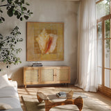 Seashell IV by Danhui Nai. Shown in a natural wood frame in a cozy modern living room. Available as an archival giclee rolled canvas, fine art paper, or poster print. SKU 5426a.