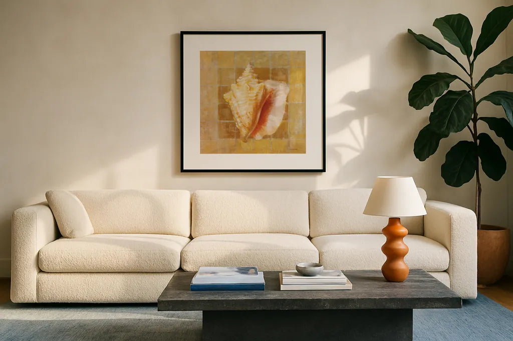 Seashell IV by Danhui Nai. Displayed in a glass frame with matte in a clean modern living room. Available as an archival giclee rolled canvas, fine art paper, or poster print. SKU 5426a.