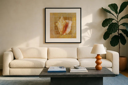 Seashell IV by Danhui Nai. Displayed in a glass frame with matte in a clean modern living room. Available as an archival giclee rolled canvas, fine art paper, or poster print. SKU 5426a.