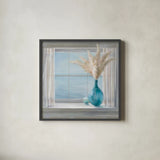 Seaside Cottage View by Danhui Nai. Shown in a sleek black glass frame for a contemporary gallery look. Available as an archival giclee rolled canvas, fine art paper, or poster print. SKU 72767a.