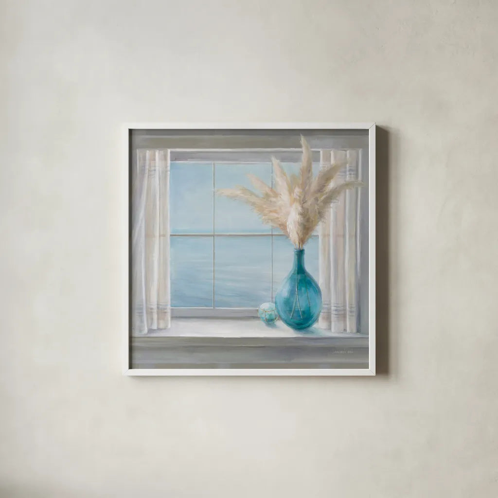 Seaside Cottage View by Danhui Nai. Shown in a crisp white glass frame for a clean and minimalist style. Available as an archival giclee rolled canvas, fine art paper, or poster print. SKU 72767a.