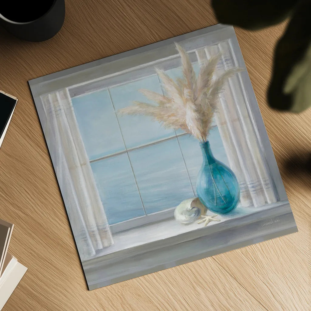 Seaside Cottage View Shell by Danhui Nai. Shown as a detailed flat fine art print, highlighting archival giclee quality. Available as an archival giclee rolled canvas, fine art paper, or poster print. SKU 73068a.