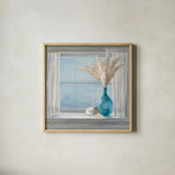 Seaside Cottage View Shell by Danhui Nai. Shown in a natural wood glass frame for a timeless modern aesthetic. Available as an archival giclee rolled canvas, fine art paper, or poster print. SKU 73068a.