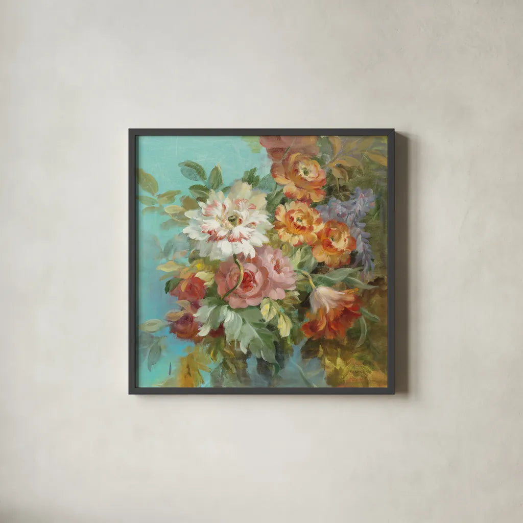 Seaside Garden I by Danhui Nai. Shown in a sleek black glass frame for a contemporary gallery look. Available as an archival giclee rolled canvas, fine art paper, or poster print. SKU 6001a.