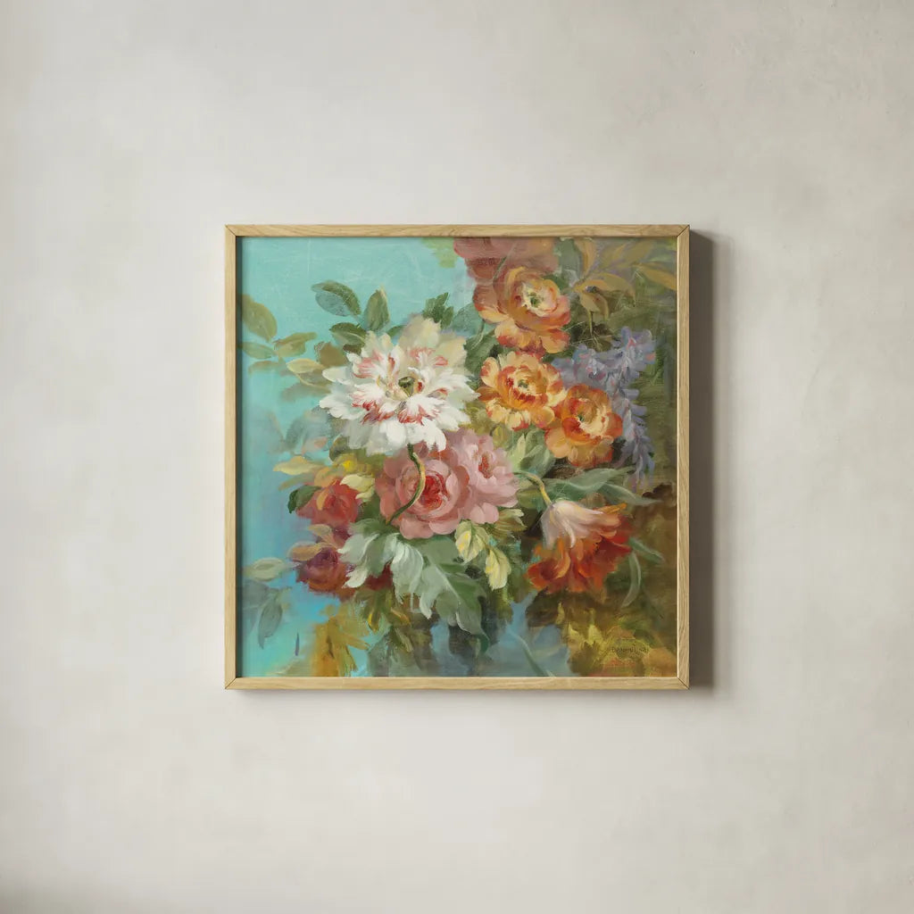 Seaside Garden I by Danhui Nai. Shown in a natural wood glass frame for a timeless modern aesthetic. Available as an archival giclee rolled canvas, fine art paper, or poster print. SKU 6001a.