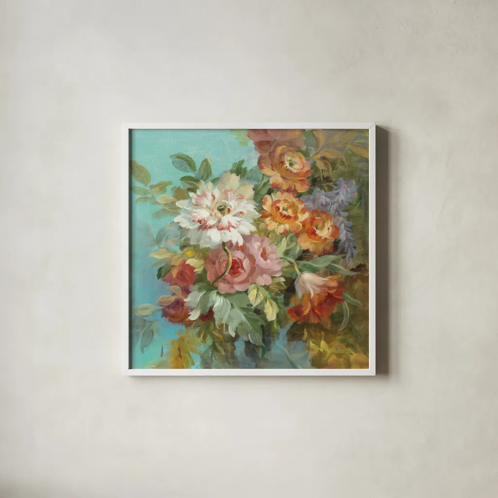 Seaside Garden I by Danhui Nai. Shown in a crisp white glass frame for a clean and minimalist style. Available as an archival giclee rolled canvas, fine art paper, or poster print. SKU 6001a.
