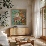 Seaside Garden I by Danhui Nai. Shown in a natural wood frame in a cozy modern living room. Available as an archival giclee rolled canvas, fine art paper, or poster print. SKU 6001a.