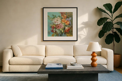 Seaside Garden I by Danhui Nai. Displayed in a glass frame with matte in a clean modern living room. Available as an archival giclee rolled canvas, fine art paper, or poster print. SKU 6001a.