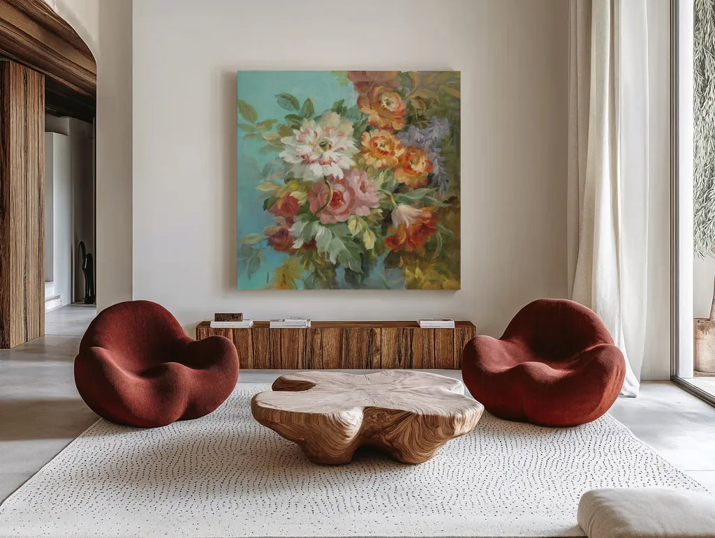 Seaside Garden I by Danhui Nai. Shown as extra-large giant wall art in a modern living room. Available as an archival giclee rolled canvas, fine art paper, or poster print. SKU 6001a.
