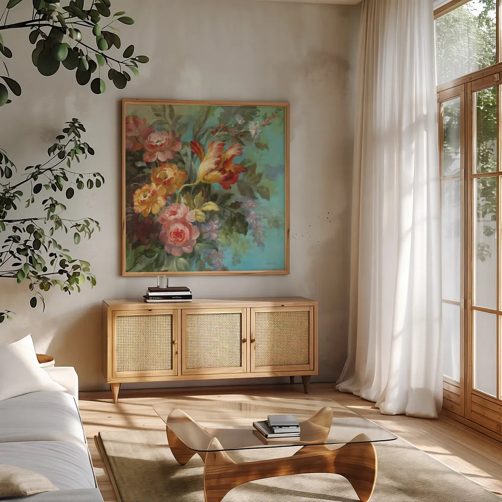 Seaside Garden II by Danhui Nai. Shown in a natural wood frame in a cozy modern living room. Available as an archival giclee rolled canvas, fine art paper, or poster print. SKU 6002a.