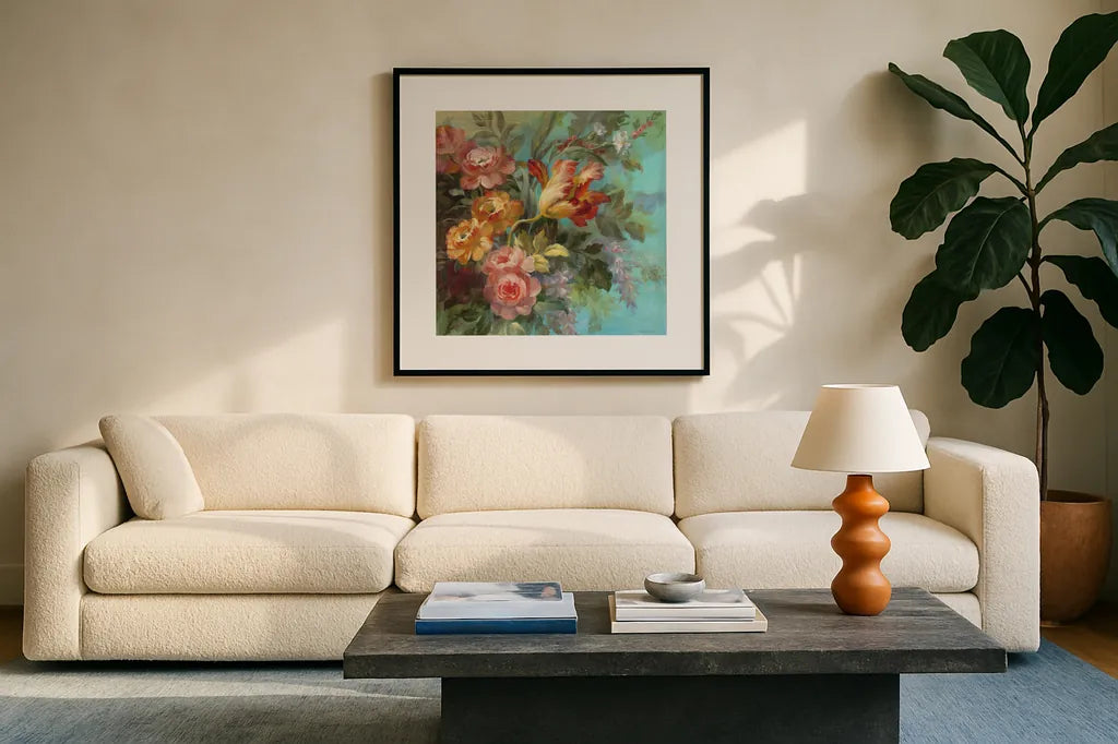 Seaside Garden II by Danhui Nai. Displayed in a glass frame with matte in a clean modern living room. Available as an archival giclee rolled canvas, fine art paper, or poster print. SKU 6002a.