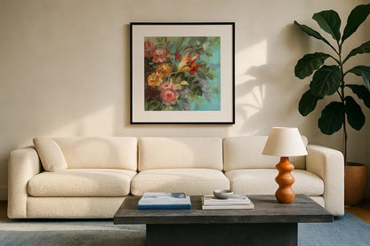 Seaside Garden II by Danhui Nai. Displayed in a glass frame with matte in a clean modern living room. Available as an archival giclee rolled canvas, fine art paper, or poster print. SKU 6002a.