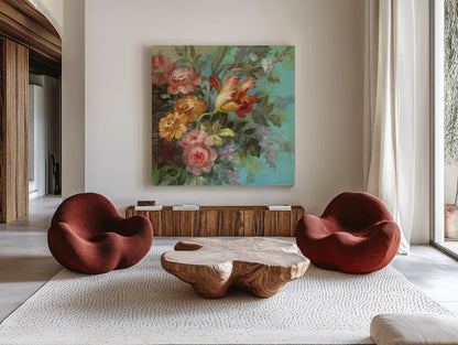 Seaside Garden II by Danhui Nai. Shown as extra-large giant wall art in a modern living room. Available as an archival giclee rolled canvas, fine art paper, or poster print. SKU 6002a.
