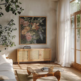 Seaside Garden II Black by Danhui Nai. Shown in a natural wood frame in a cozy modern living room. Available as an archival giclee rolled canvas, fine art paper, or poster print. SKU 17696a.